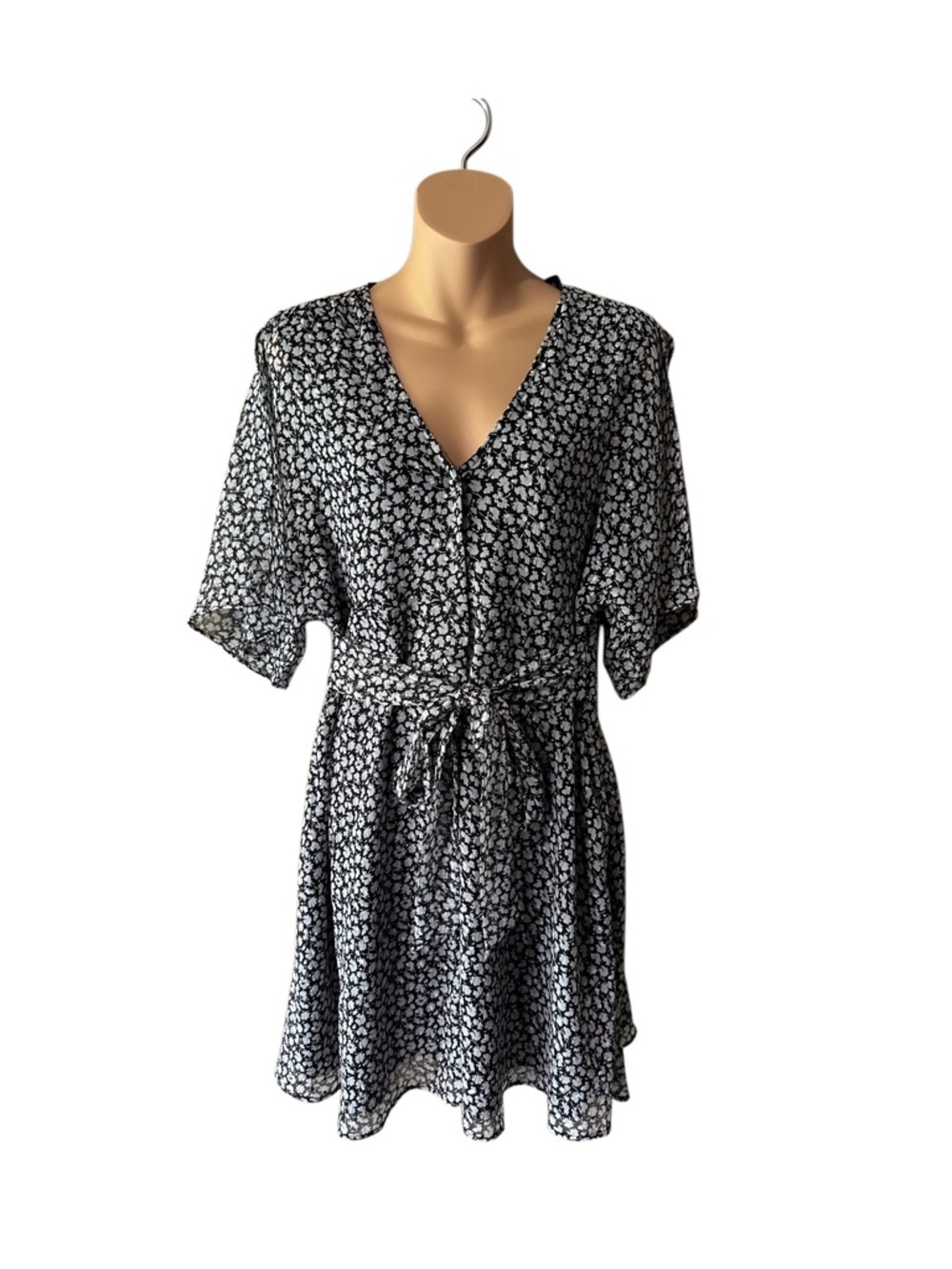 AllSaints US 10 Black and White Ivey Scattered Mini Dress Cold Shoulder Flirty